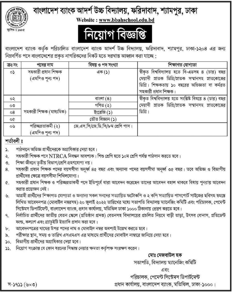 বাংলাদেশ আদর্শ উচ্চ বিদ্যালয়ে নিয়োগ বিজ্ঞপ্তি