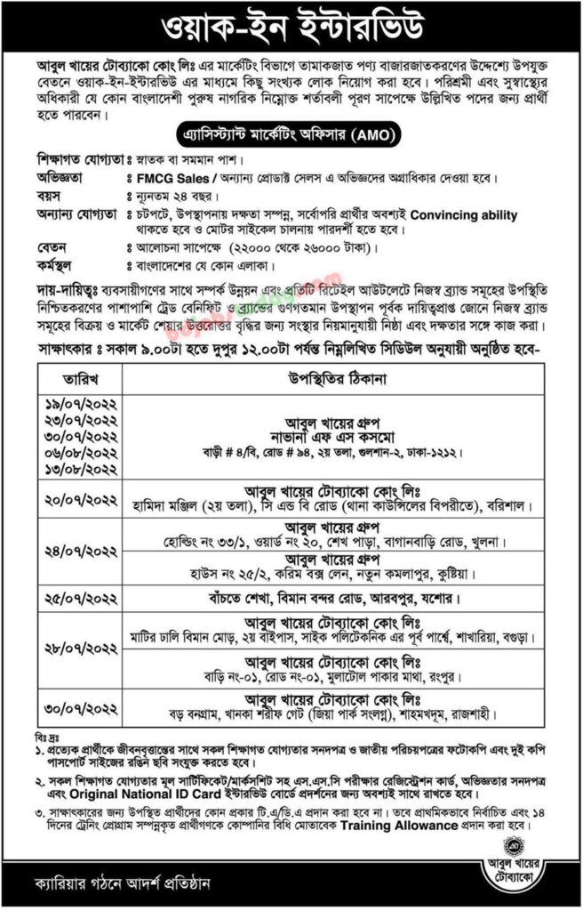 আবুল খায়ের টোব্যাকোতে নিয়োগ বিজ্ঞপ্তি