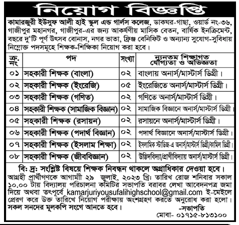 ১৯ জন শিক্ষক নিয়োগ দেবে কামারজুরী ইউসুফ আলী হাই স্কুল এন্ড কলেজ