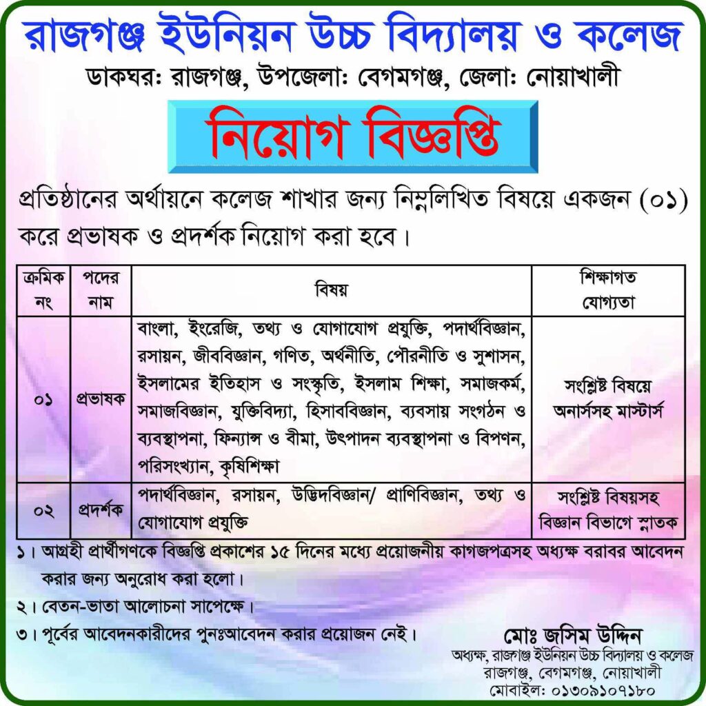 প্রভাষক নিয়োগ দিবে রাজগঞ্জ ইউনিয়ন উচ্চ বিদ্যালয় ও কলেজ
