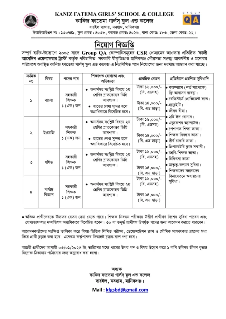 কানিজ ফাতেমা গার্লস্ স্কুল এন্ড কলেজে নিয়োগ বিজ্ঞপ্তি