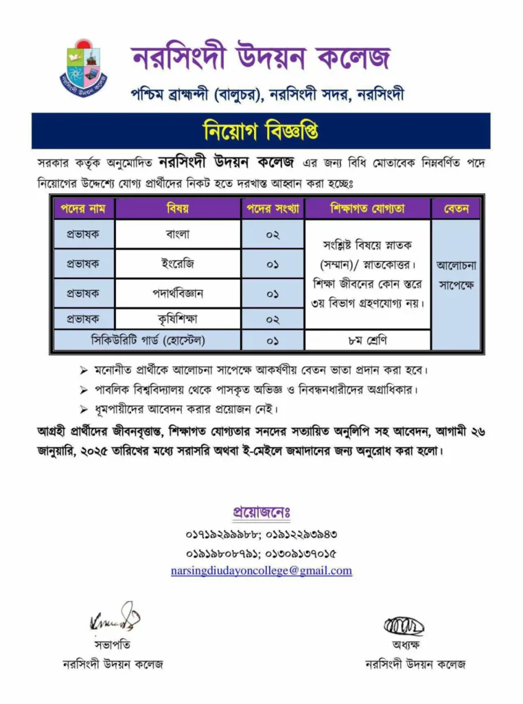প্রভাষক নিয়োগ দিবে নরসিংদী উদয়ন কলেজ