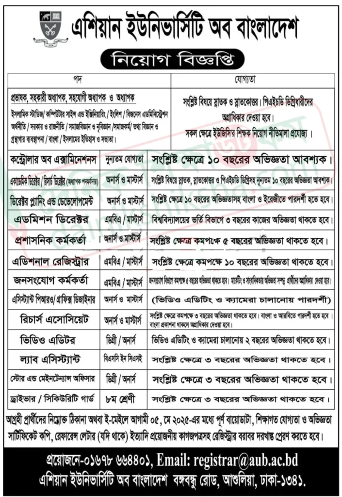 শিক্ষক ও কর্মকর্তা নিয়োগ দিবে এশিয়ান ইউনিভার্সিটি অব বাংলাদেশে